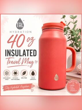TAL Hydration 40 oz Coral Pink Insulated Stainless Steel Mug with handle